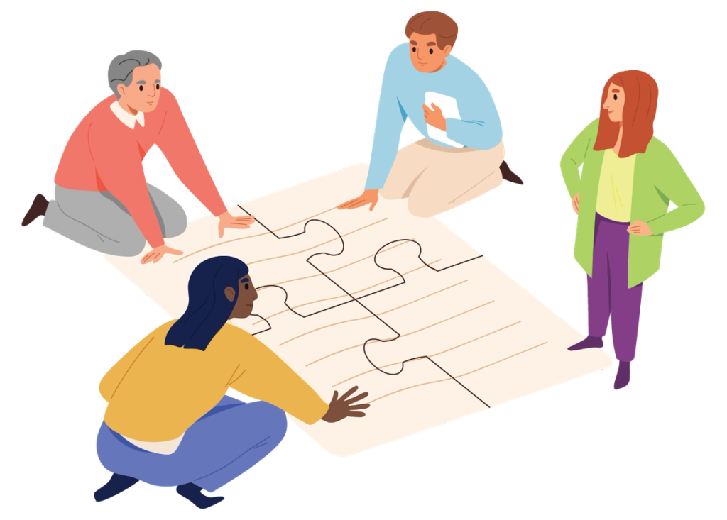 Groupe of people putting the pieces of a large abstract puzzle, that looks like a report, together