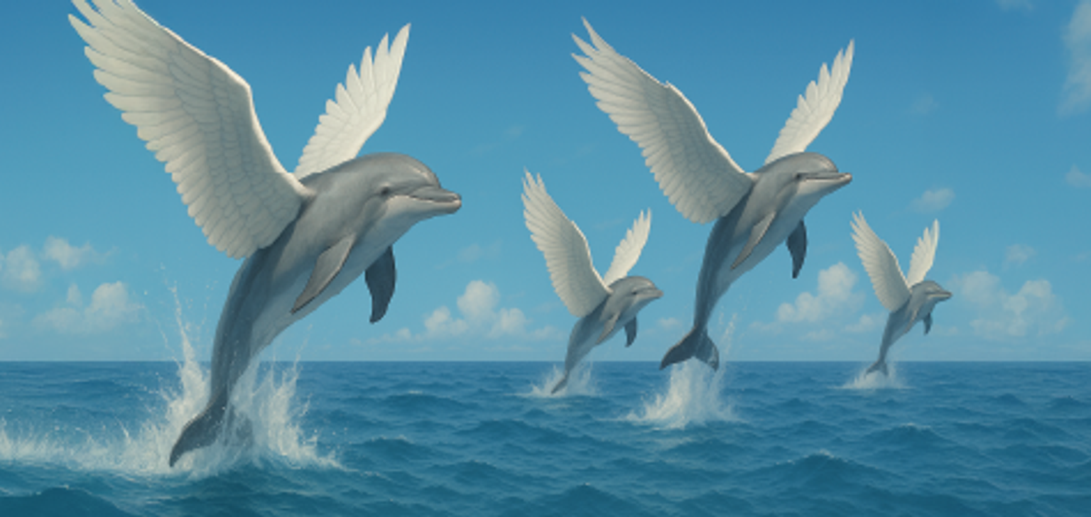 Image of a pod of flying dolphins