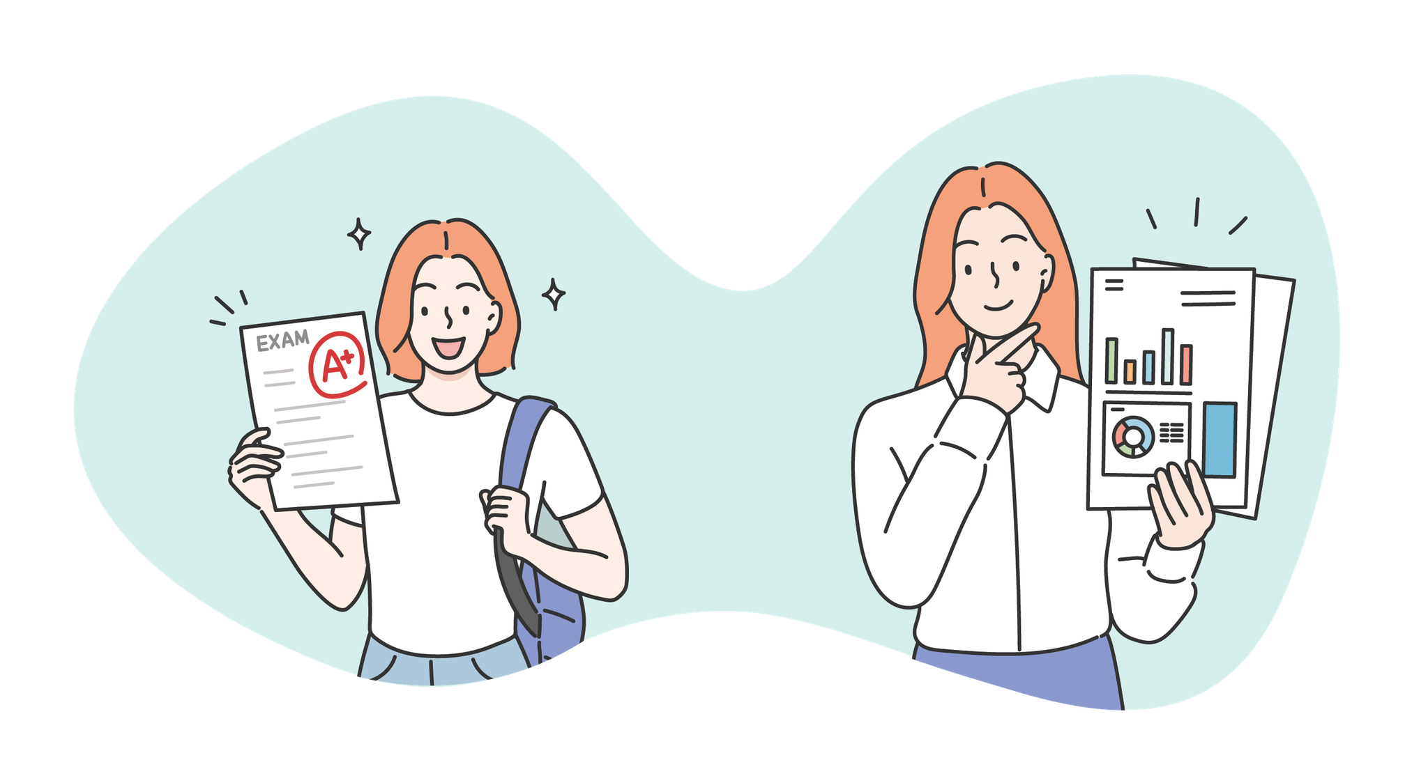 An image of a preteen girl with an A+ report and an older version of the same girl as an adult holding impressive reports