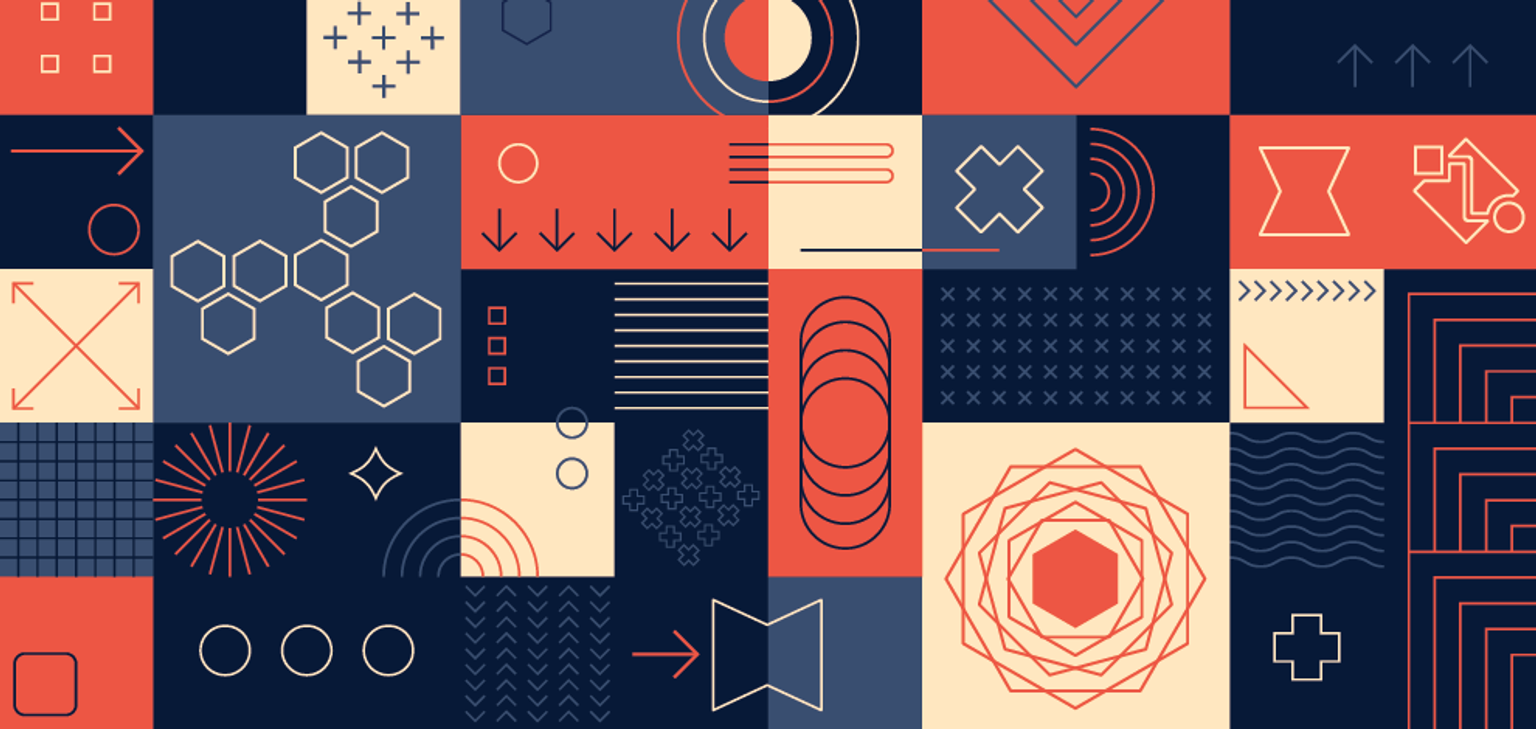 A collage of geometric shapes and process modeling elements