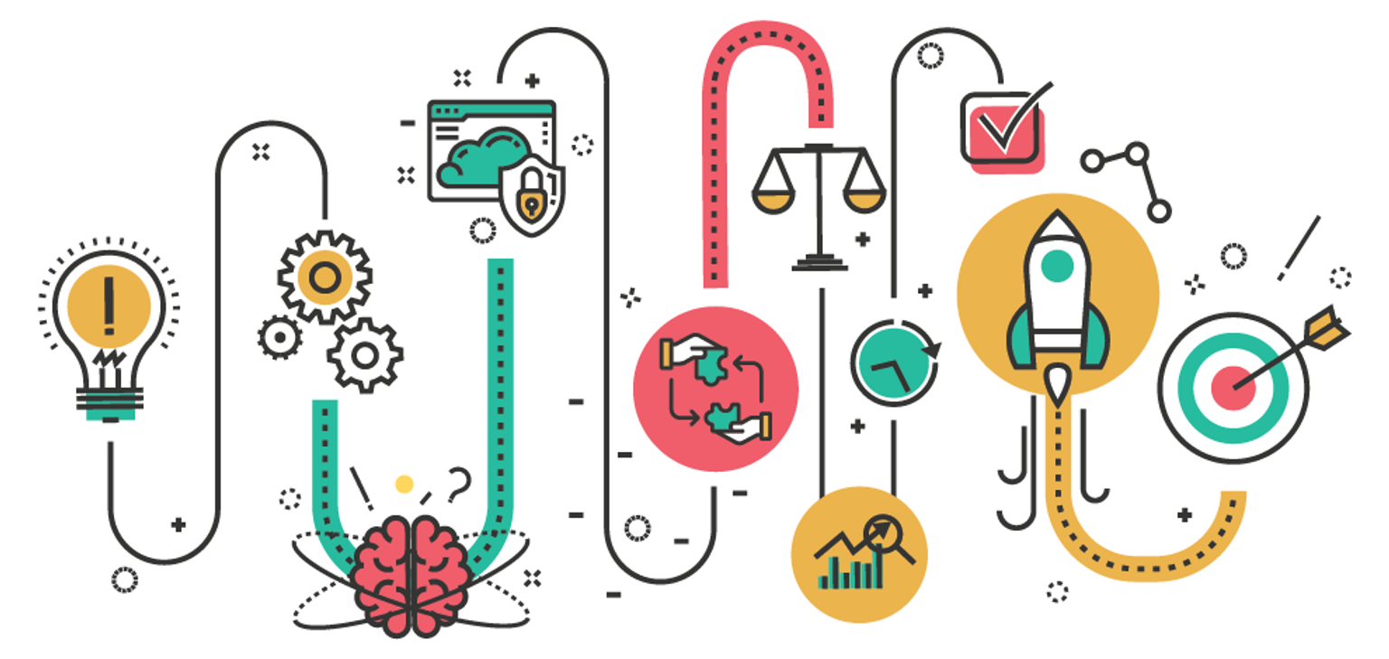 Icons of project management, tracking, data security, cloud software, and goals