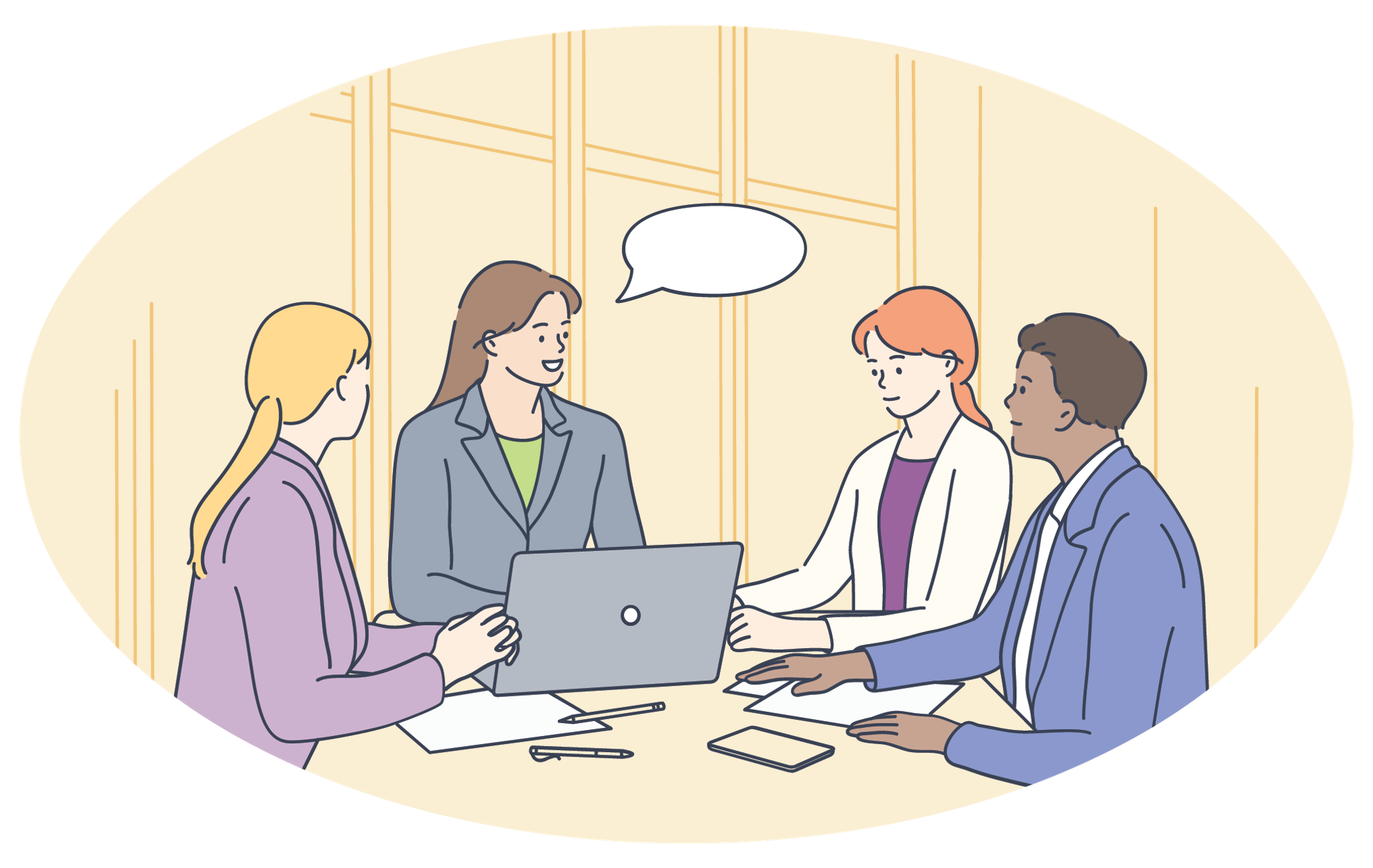 An executive socializing an idea with her coworkers